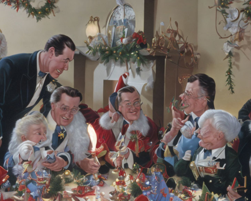 Men in suits and Christmas hats around a festive table with holiday decorations.