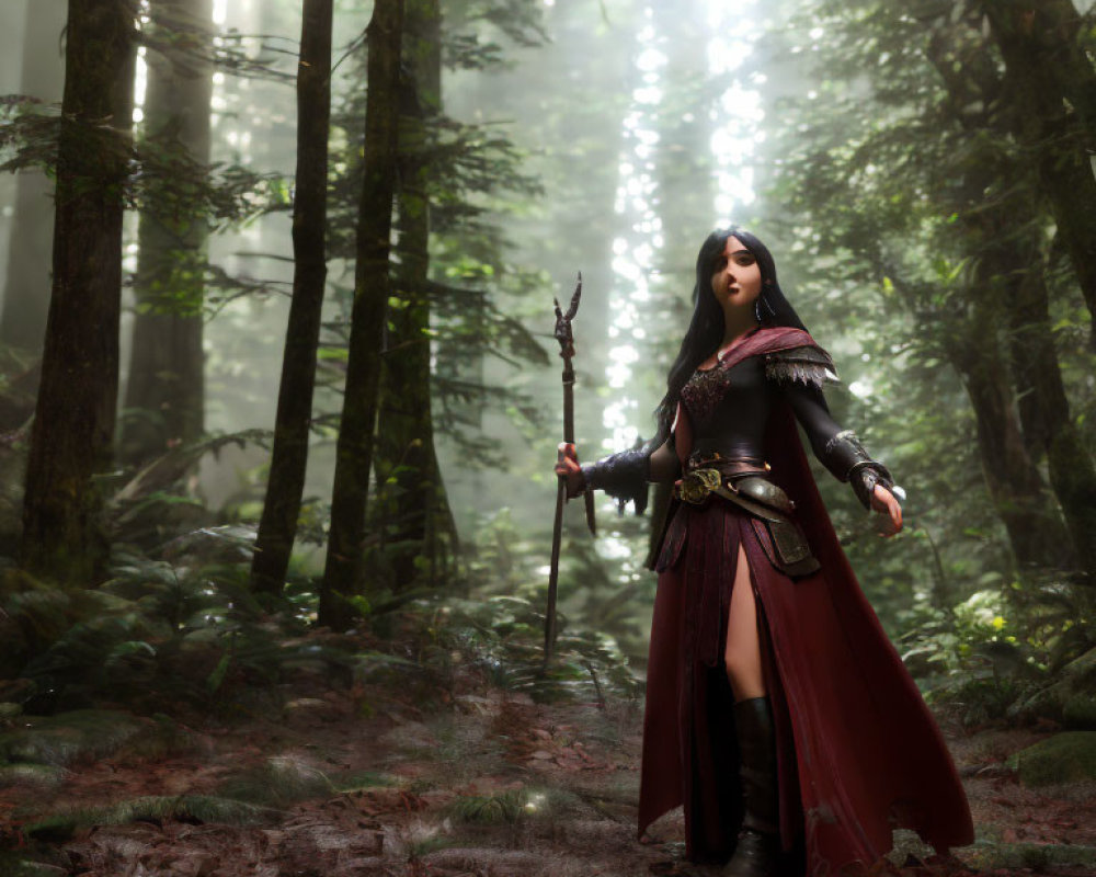 Female warrior in red cloak and armor with staff in misty forest