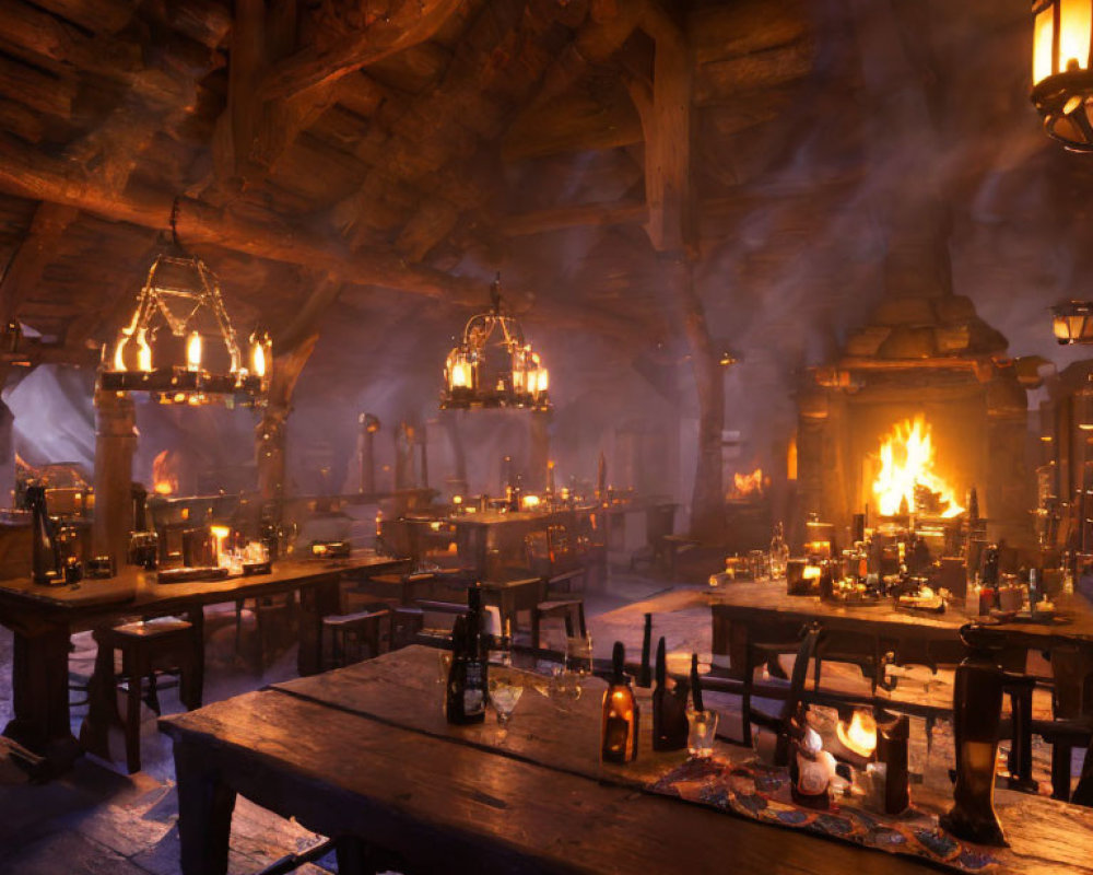 Medieval tavern interior with candle-lit chandeliers and roaring fireplace