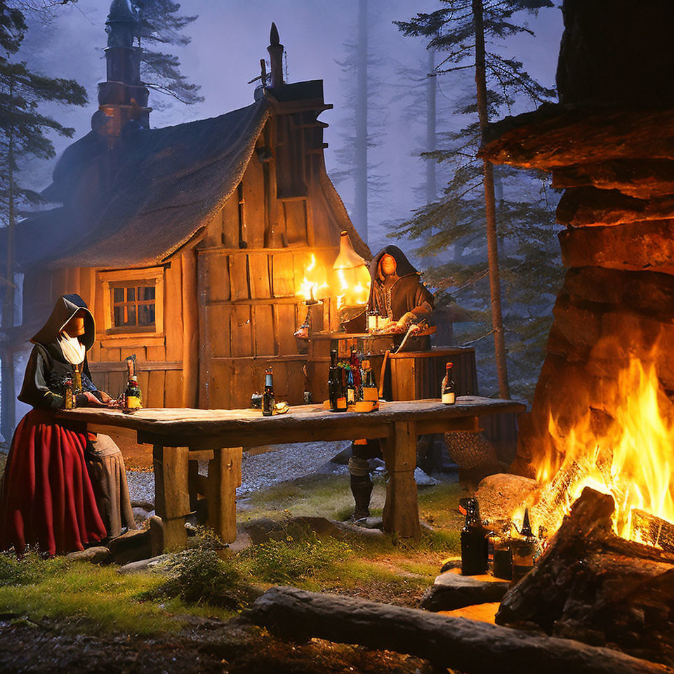 Rustic outdoor dusk scene with individuals at table near cabin and fireplace