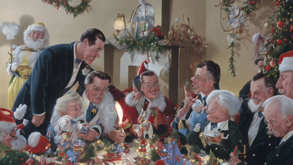 Men in suits and Christmas hats around a festive table with holiday decorations.