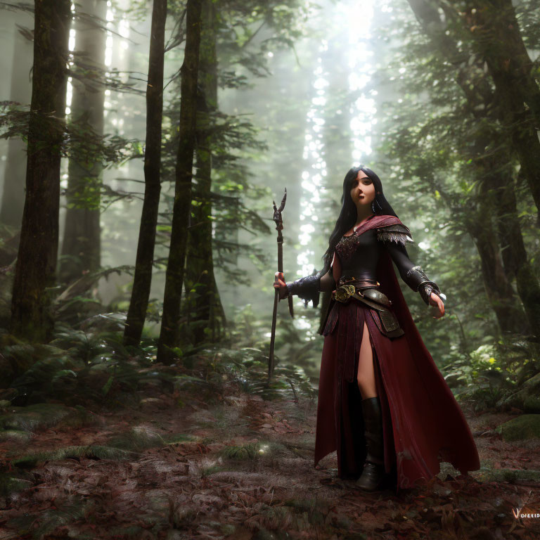 Female warrior in red cloak and armor with staff in misty forest