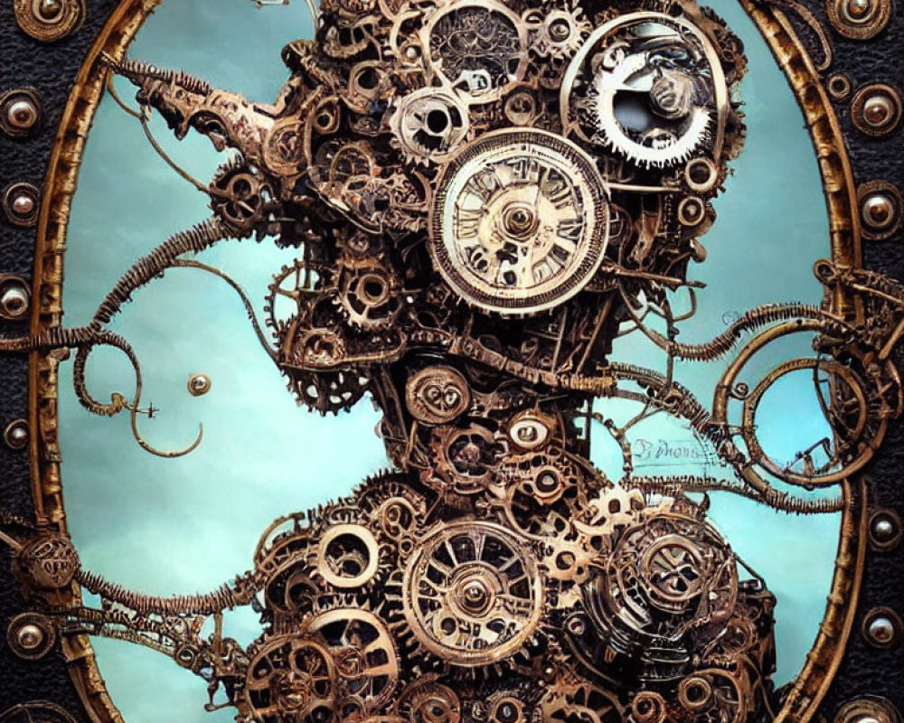 Steampunk-inspired human head profile with gears on cloudy sky.