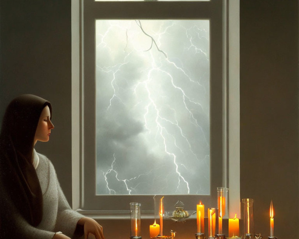 Woman gazing out window at night during storm with candles flickering