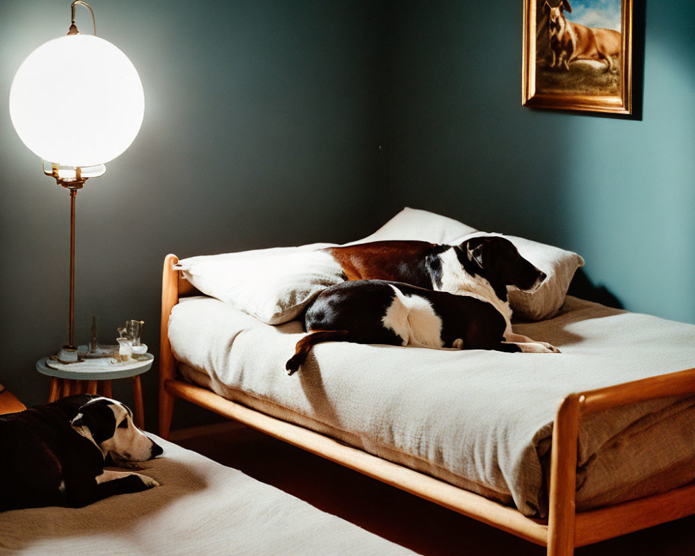 Two dogs on wooden bed with white bedding in warmly lit room