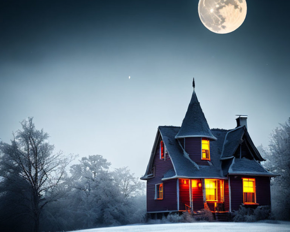 Cozy illuminated house in wintry night scene