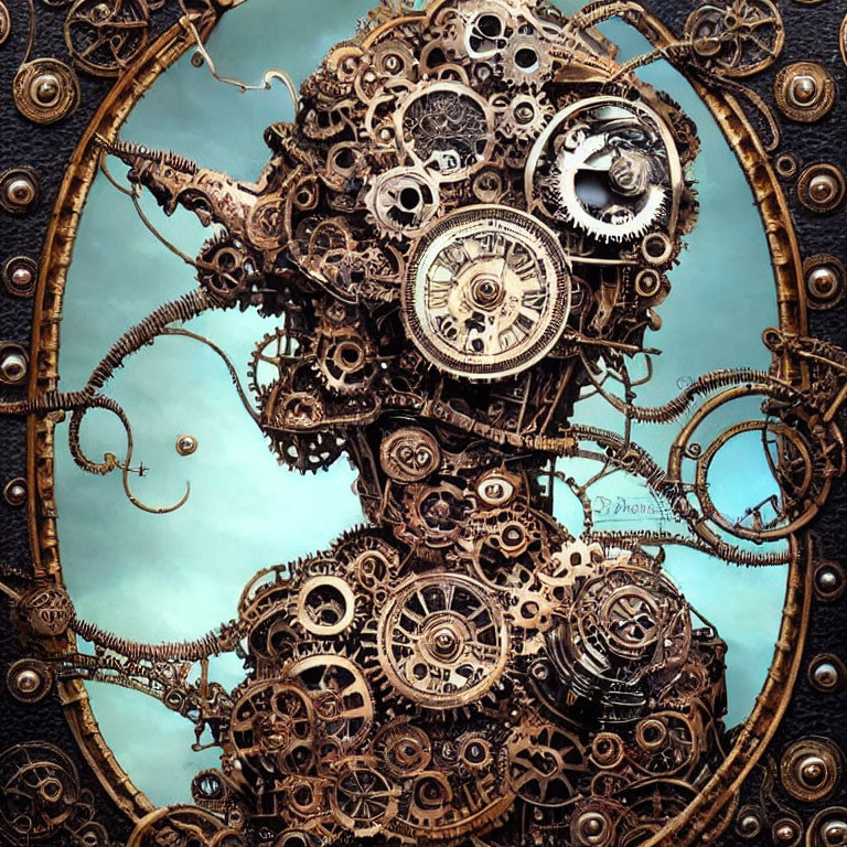 Steampunk-inspired human head profile with gears on cloudy sky.