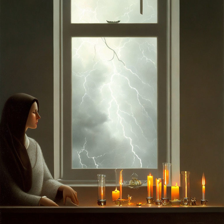 Woman gazing out window at night during storm with candles flickering