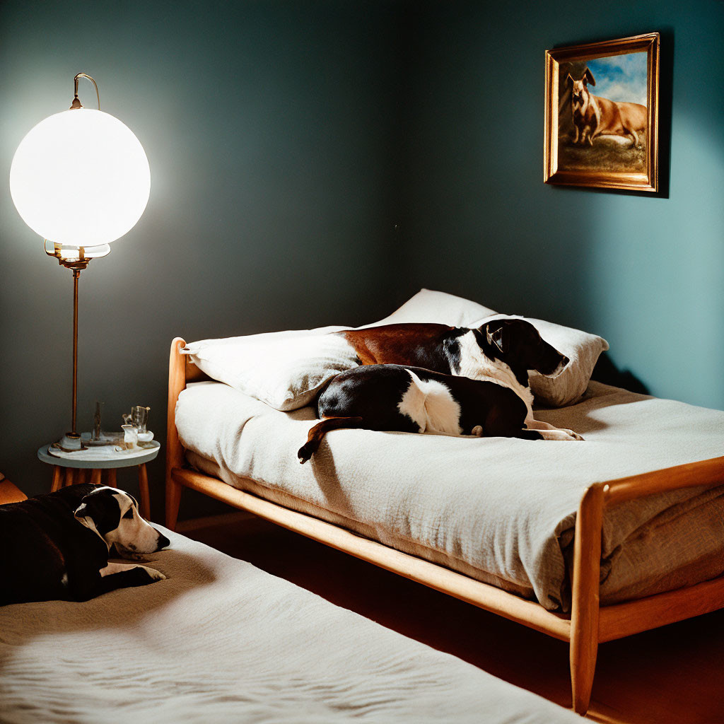 Two dogs on wooden bed with white bedding in warmly lit room