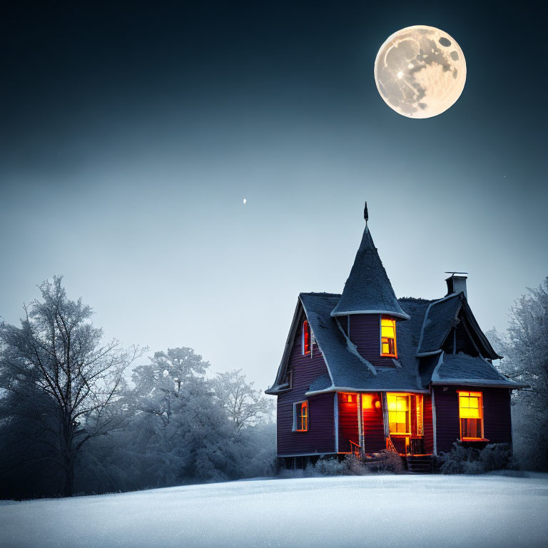 Cozy illuminated house in wintry night scene