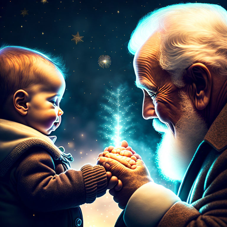 Elderly man and baby holding hands with glowing light on starry background