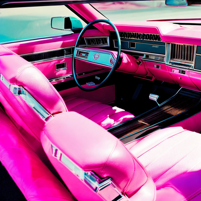 Vivid Pink Interior of Classic Car with Pink Steering Wheel & Dashboard