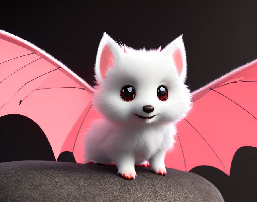 White Fantasy Creature with Red Eyes and Pink Wings on Rock in Dark Background