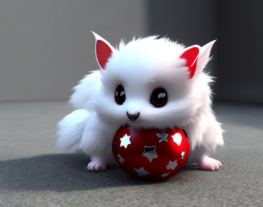 Fluffy white animated creature on shiny red ball