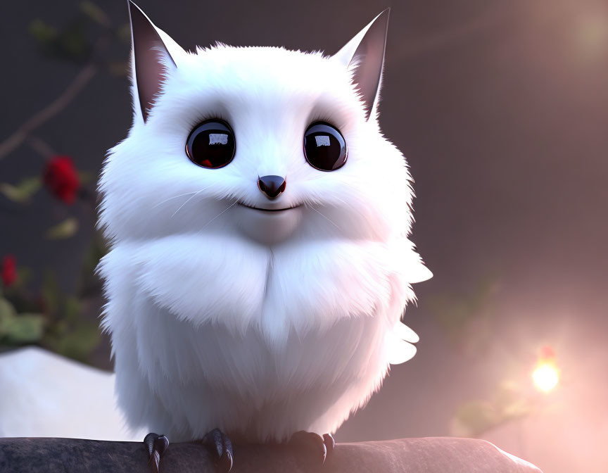 Fluffy white animated cat with expressive eyes on rock in nature