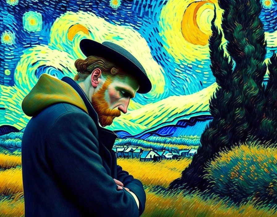 Stylized portrait of man with beard and hat against swirling starry night backdrop