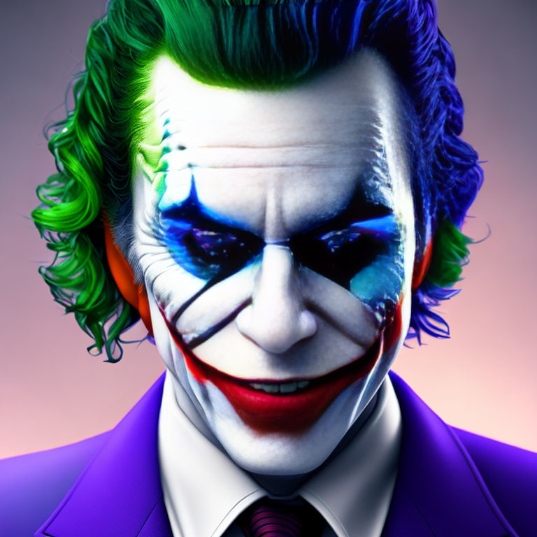 Detailed Close-Up of Person in Joker Makeup with Green Hair and Purple Suit