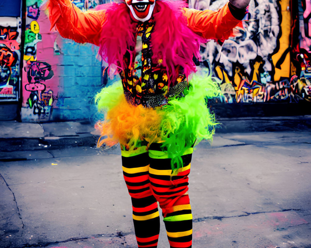 Colorful Clown Poses Joyfully Against Graffiti Wall