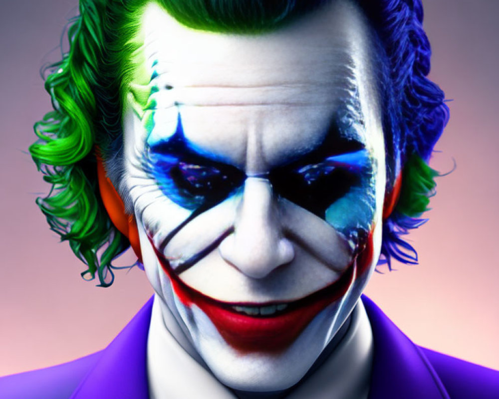 Detailed Close-Up of Person in Joker Makeup with Green Hair and Purple Suit