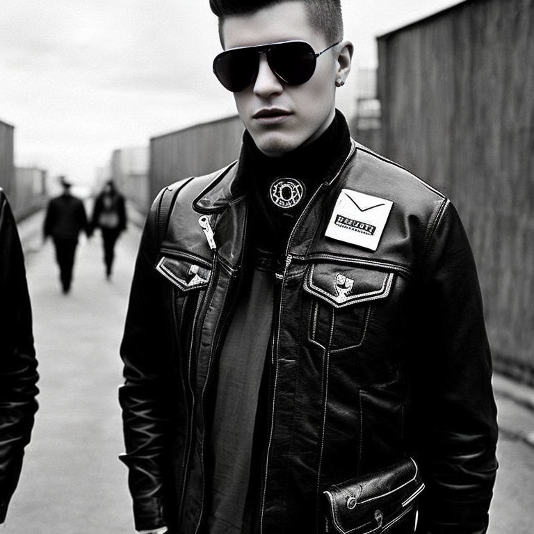 Monochrome image of a man in leather jacket and aviator sunglasses