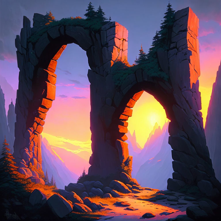 Mystical arched stone gateway in vibrant purple-hued wilderness