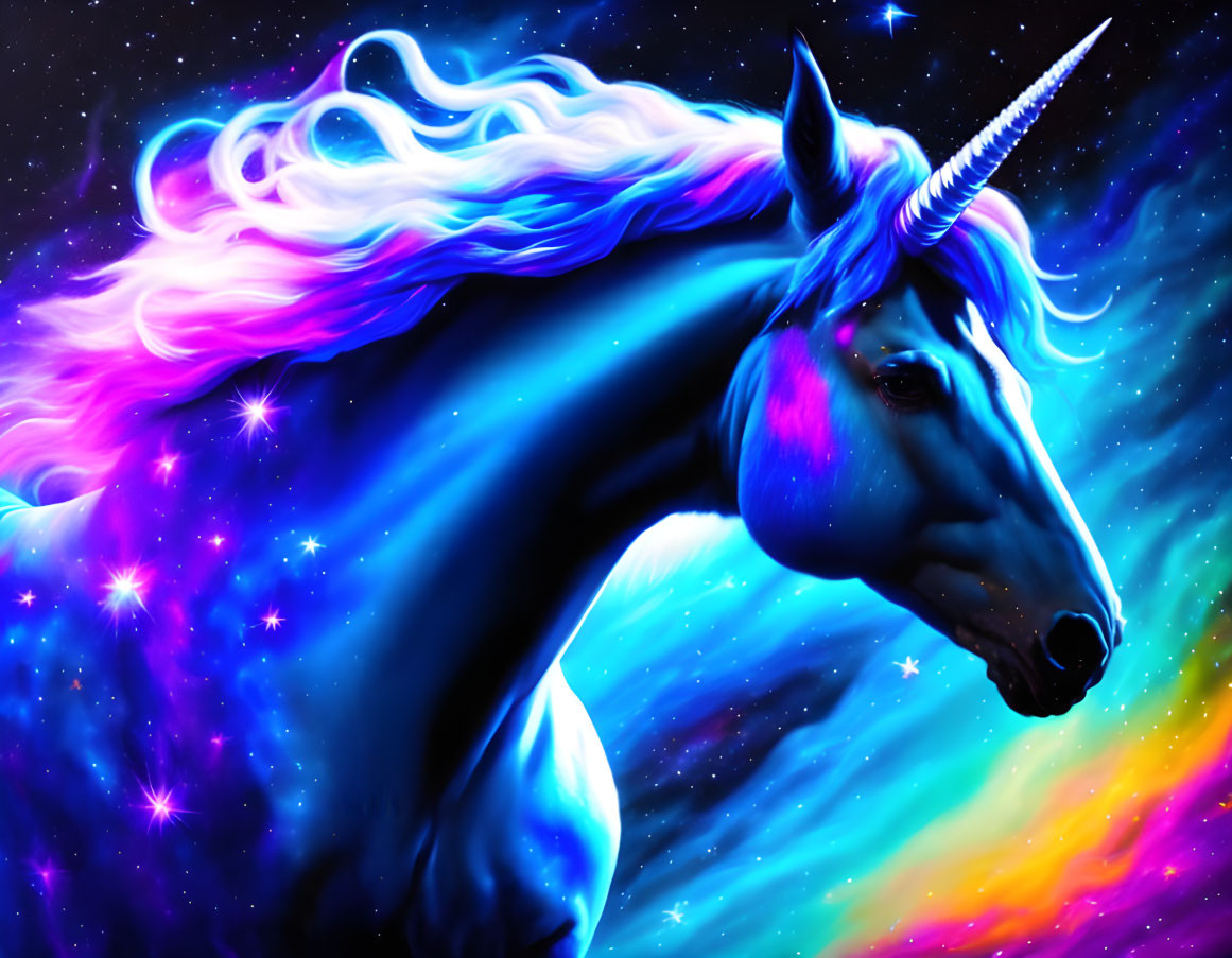 Colorful Unicorn Artwork with Glowing Mane and Horn on Cosmic Background