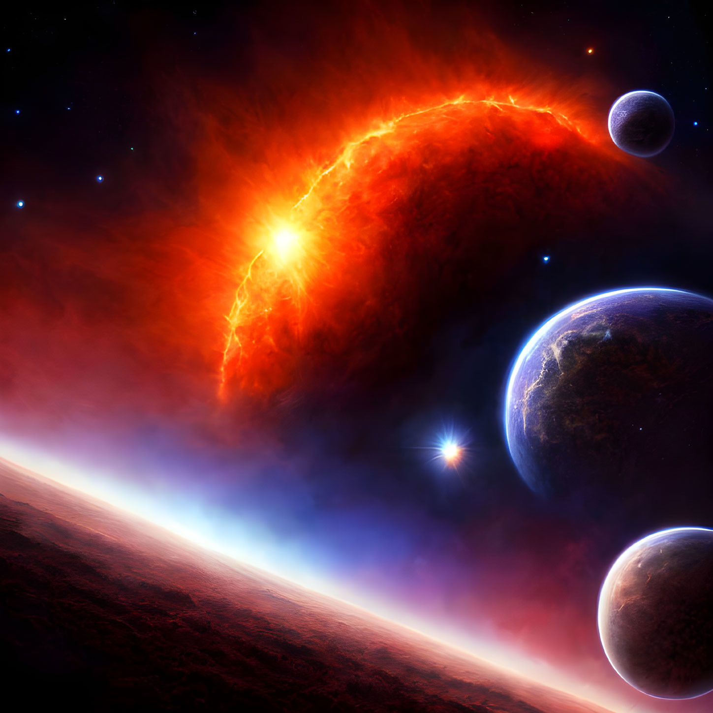 Colorful cosmic scene with sun, planets, stars, and nebula in space