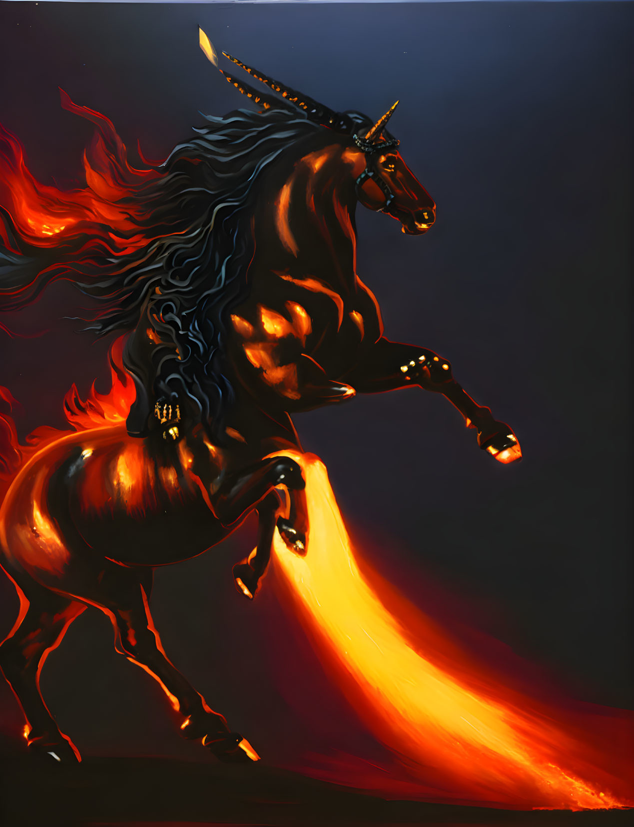 Majestic unicorn with flaming mane and tail, black to red gradient body