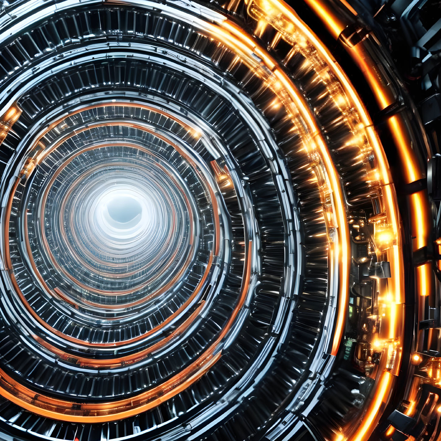 Futuristic Circular Tunnel with Glowing Orange Lights and Metallic Details