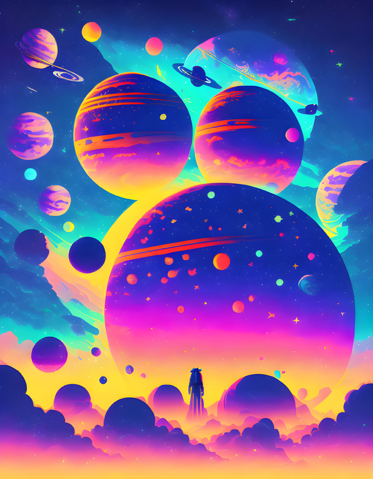 Colorful cosmic art: solitary figure under surreal sky with oversized planets, nebulae, and swimming