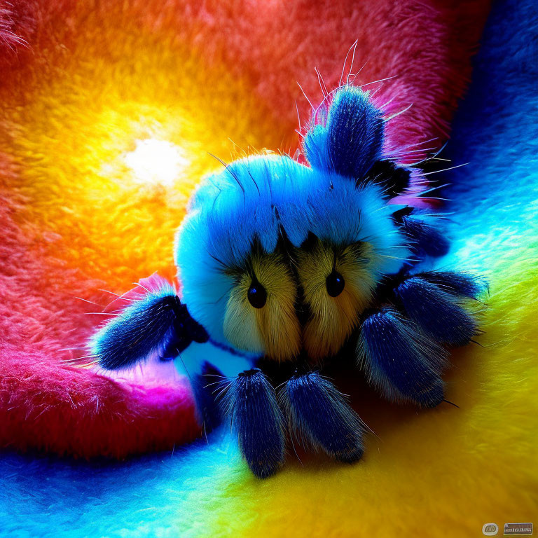 Colorful Plush Toy Spider on Rainbow Background