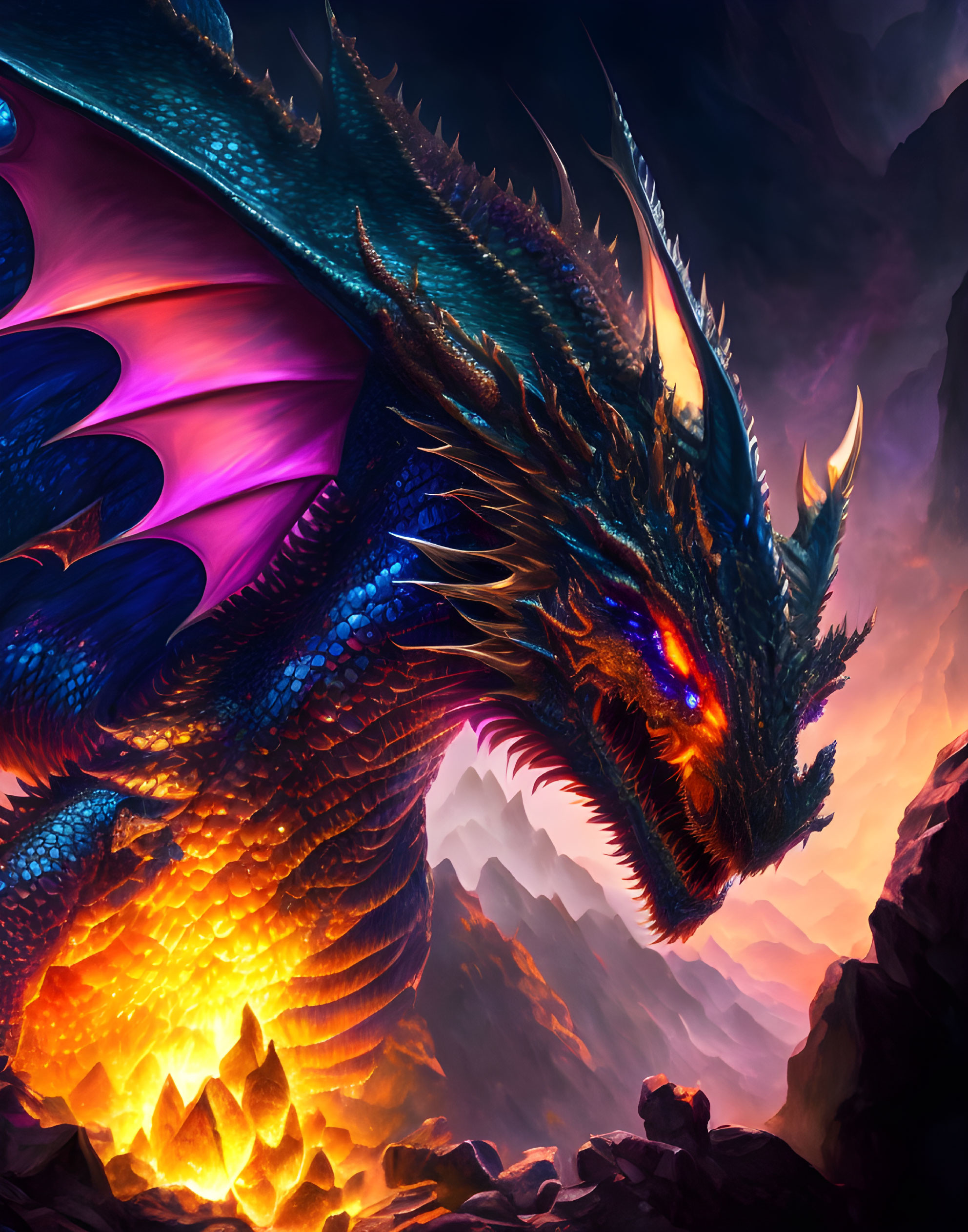 Blue Dragon with Glowing Orange Eyes in Mountain Landscape