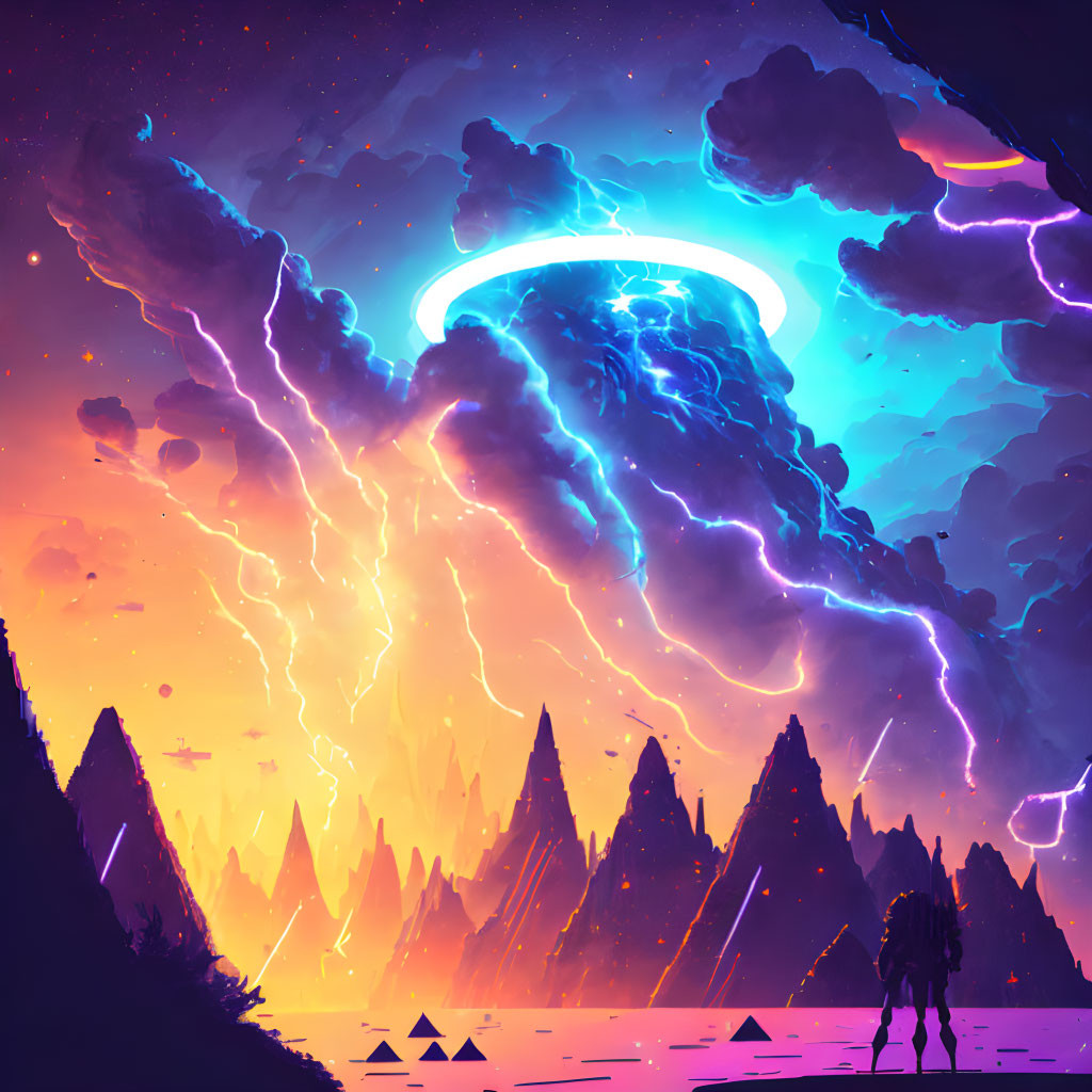 Surreal sci-fi landscape with glowing ring and lightning striking above mountains