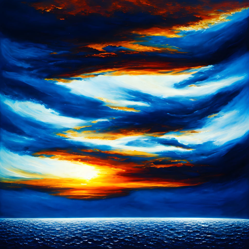 Colorful painting of fiery sunset over dark blue ocean