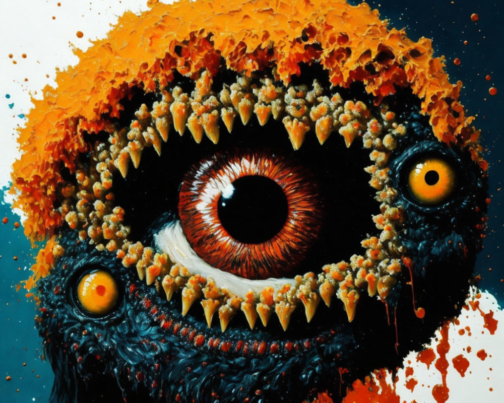 Grotesque painting featuring central eye with sharp teeth and smaller eyes on dark background.