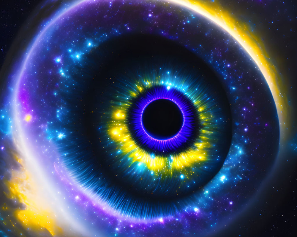 Colorful cosmic image of a central black hole with glowing rings in blue, purple, and yellow.