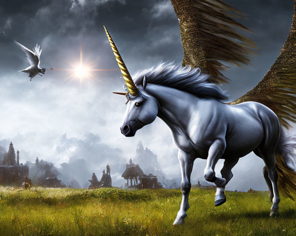 Golden-winged unicorn galloping in mystical field with ruins and bird.