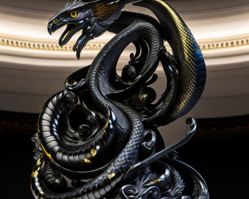 Detailed Black Dragon Sculpture with Gold and Blue Accents on Marble Pedestal