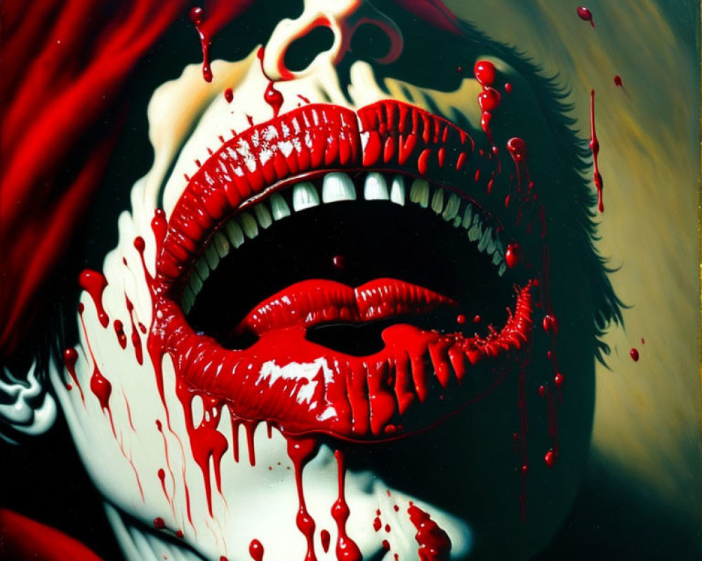 Hyperrealistic Painting: Mouth with Red Lips Dripping Blood-like Paint