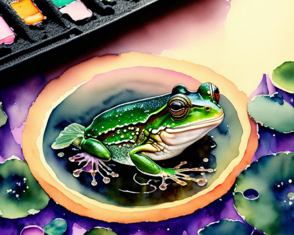 Colorful Watercolor Painting: Green Frog on Lily Pads with Palette