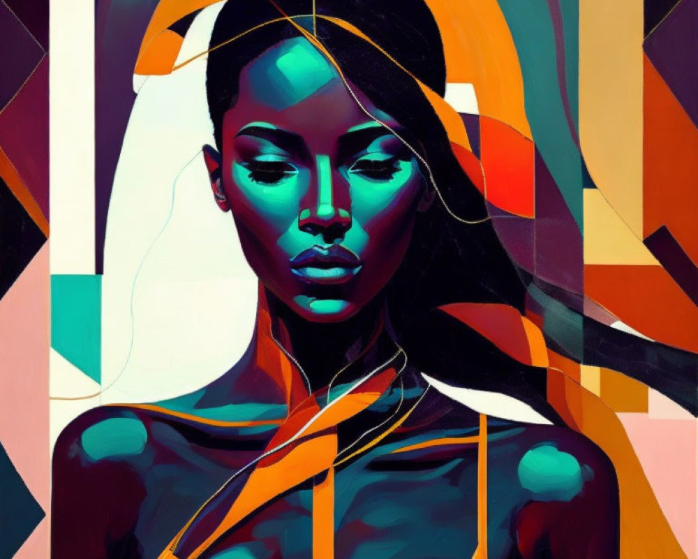 Vibrant abstract portrait with geometric shapes in orange, teal, and purple