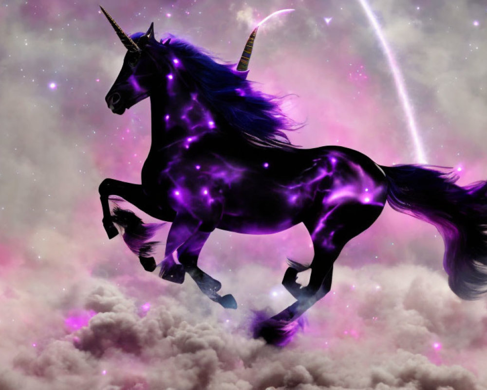 Purple Nebula-Themed Unicorn Galloping in Cosmic Sky