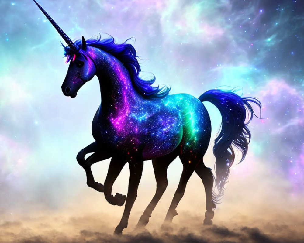 Majestic cosmic unicorn with galaxy-patterned coat and spiraled horn against vibrant nebula.