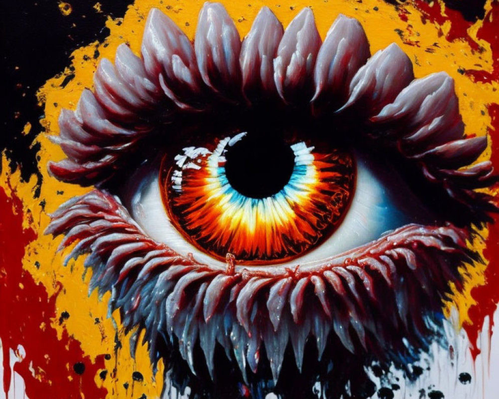 Fiery iris eye painting with red petals on black background