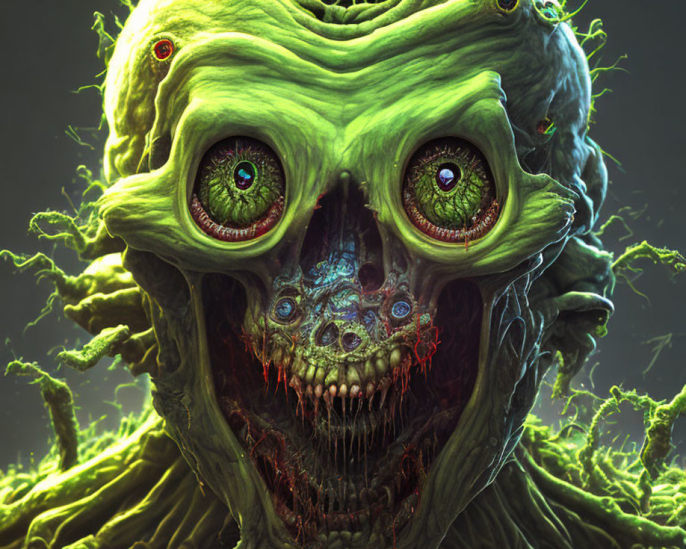 Fictional creature with multiple eyes and skeletal features on dark background