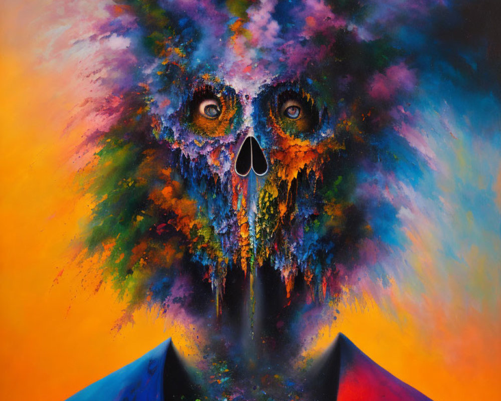 Vibrant abstract owl painting with explosion of colors on dark background