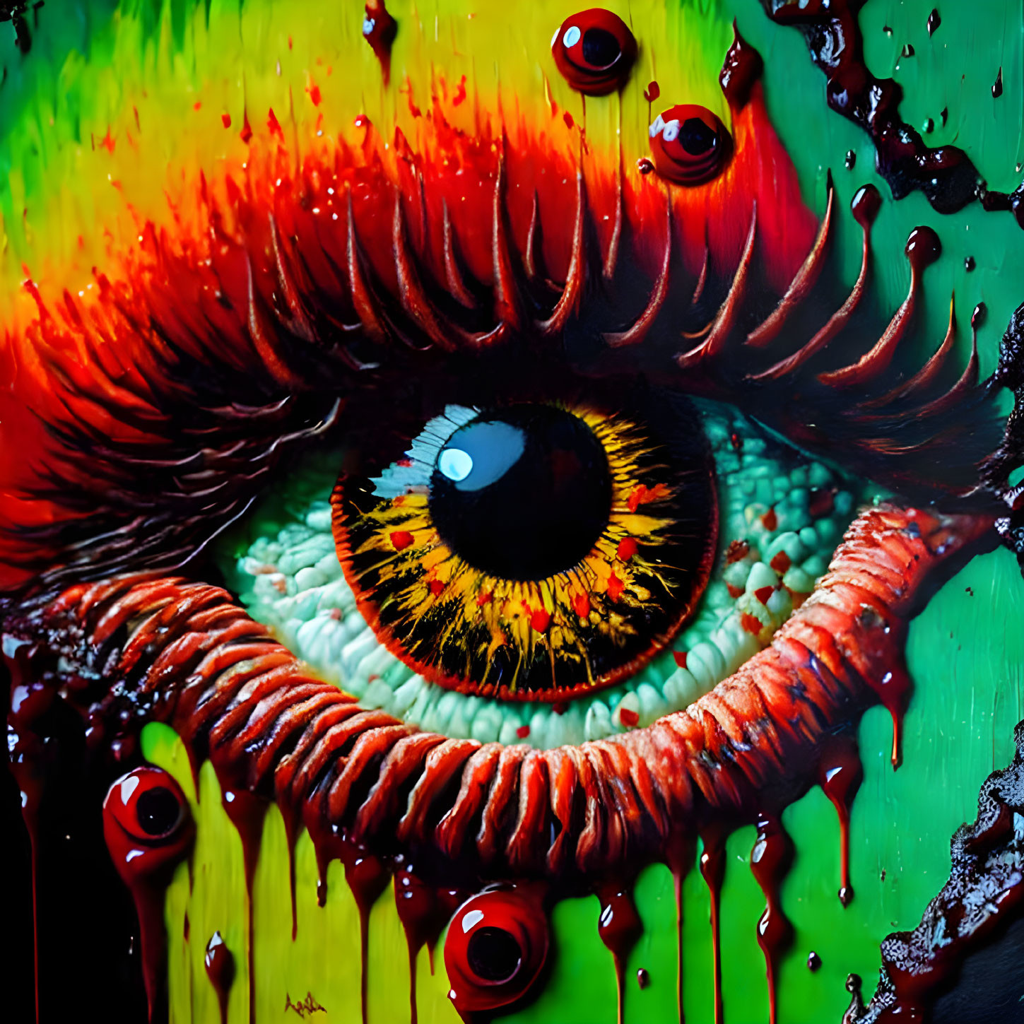 Colorful hyper-realistic eye painting with dripping reds, greens, and yellows