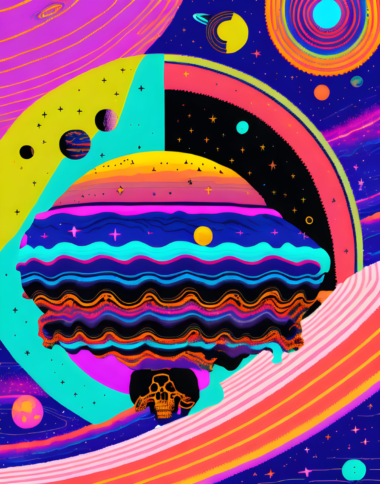 Colorful Psychedelic Art: Floating Skull with Cosmic Landscapes