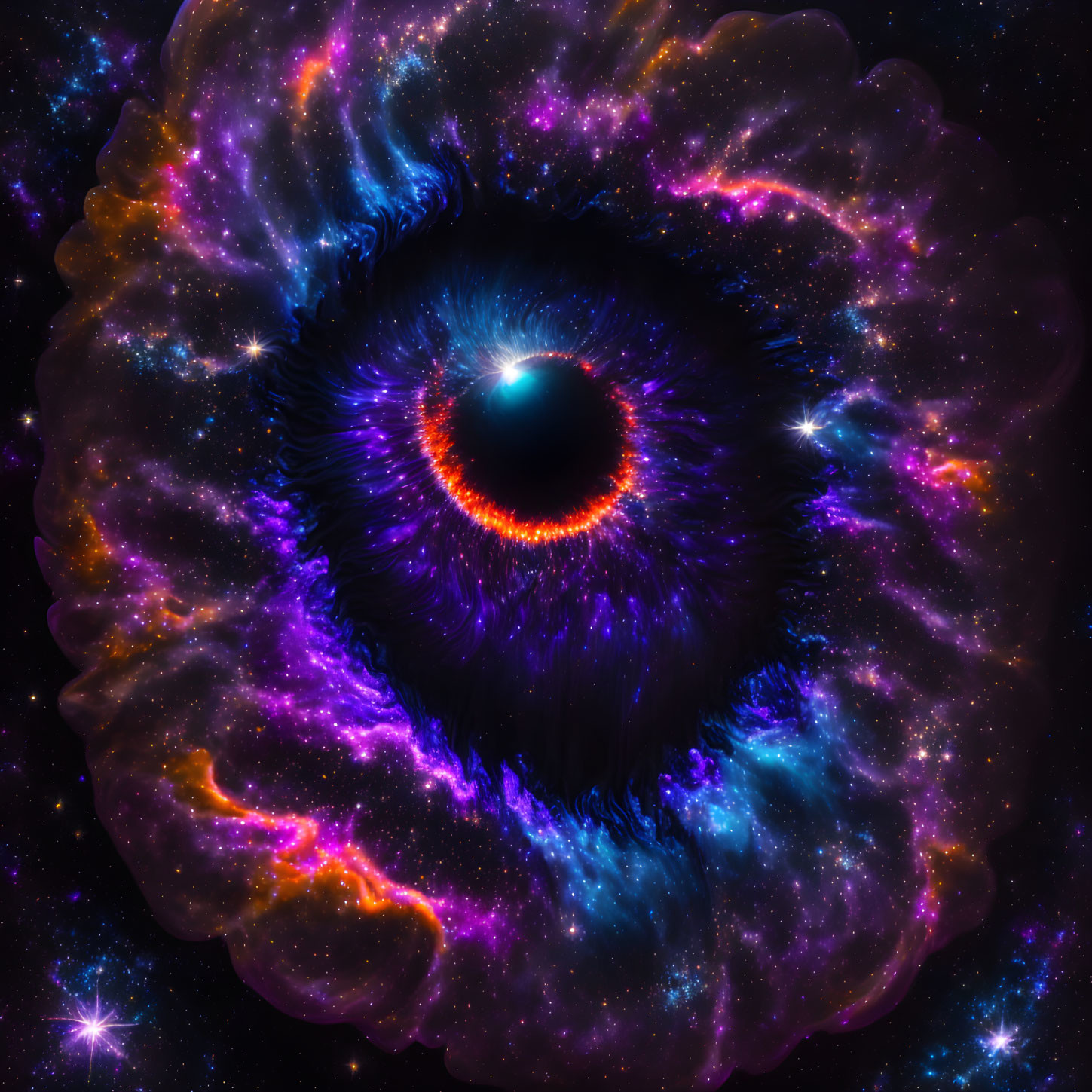 Colorful cosmic nebula with swirling blue, purple, and orange hues