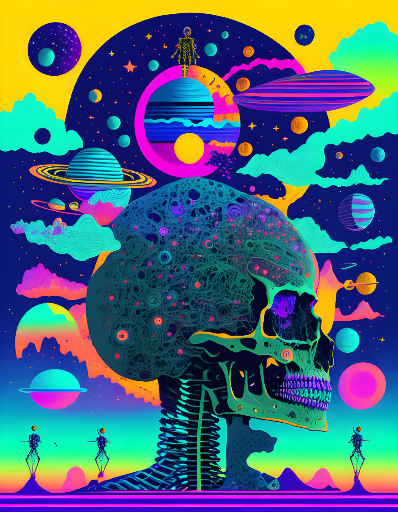 Detailed psychedelic skull with cosmic landscape against vibrant outer space backdrop